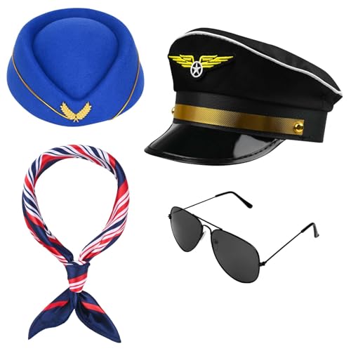 Bofeiya 4-teiliges Flugzeug-Stewardess-Kostüm, Kapitänskostüm, inklusive Kapitänshut, Pilotenhut, Stewardess-Hut, Schals, Sonnenbrille für Damen und Herren, Cosplay-Kostüm von Bofeiya