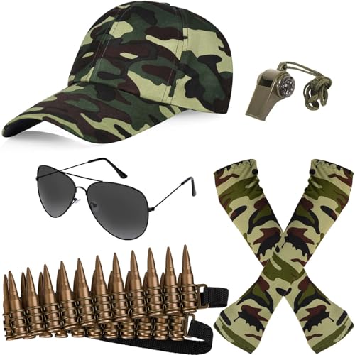 Bofeiya 5-teiliges Armee-Kostüm-Zubehör, inklusive Sonnenbrille im Piloten-Stil, Camouflage-Stirnband, Krawatte, Kugelgürtel, Spielzeug, Pfeife und Armstulpen für Halloween, Cosplay, Make-up-Zubehör von Bofeiya