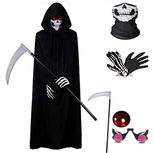 Bofeiya 5-teiliges Halloween-Skelett-Kostüm-Zubehör, inklusive Skelett-Maske, Umhang, Handschuhe, Verkleidung für Erwachsene von Bofeiya