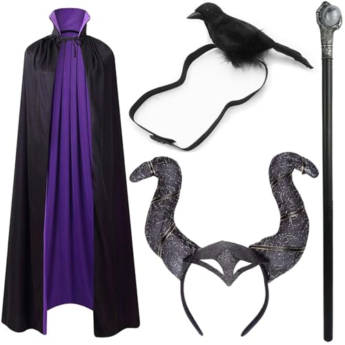 Bofeiya Böse Hexe 4-teiliges Hörner-Set mit schwarzen Hörnern, Stirnband, Umhang, Zauberstab für Halloween, Karneval, Cosplay, Party, Make-up von Bofeiya