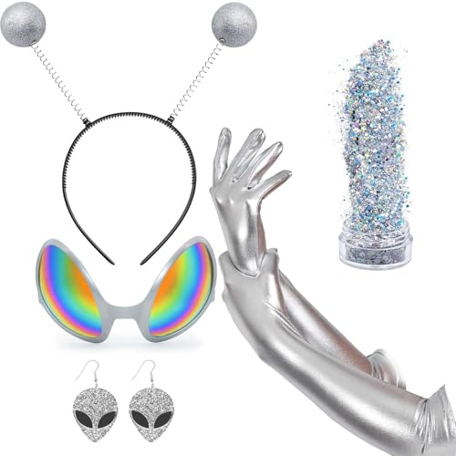 Bofeiya Halloween Alien Brille Kostüm Zubehör Set 5 Stück inklusive Stirnband Brille Handschuhe für Party Cosplay von Bofeiya