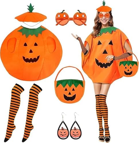 Bofeiya Halloween-Kürbis-Kostüm, Halloween, Cosplay, mit Kürbis, Tunika, Sonnenbrille, Tasche, Strümpfe für Erwachsene, Halloween, Cosplay-Partys, 5 Stück von Bofeiya