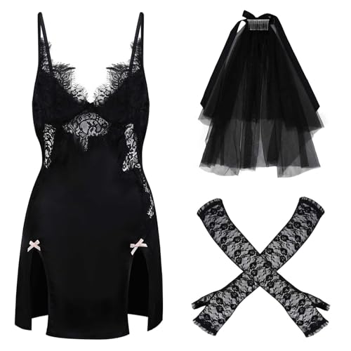 Bofeiya Set mit 3 Gothic-Kostümen, Halloween-Kostümen für Damen, schwarzes Spitzenkleid, schwarzer Schleier, schwarze Spitzenmanschette für Halloween, Party, Cosplay-Zubehör von Bofeiya