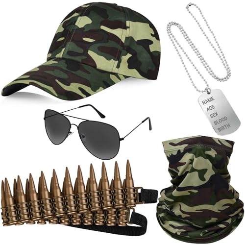 Bofeiya Set mit 5 Armee-Cosplay-Kostüm-Accessoires, Armee-Camouflage-Hut, Sonnenbrille, Camouflage-Maske, Erkennungsmarke für Erwachsene, Halloween-Kostüm-Zubehör von Bofeiya