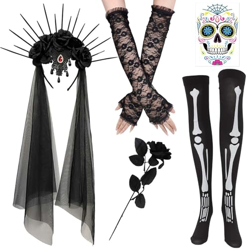 Bofeiya Set mit 5 Halloween-Gothic-Braut-Kostümen für Damen, Stirnband, schwarze Rosen, ungerlose Spitzenhandschuhe, Gesichtsaufkleber für Halloween, Kostümzubehör von Bofeiya