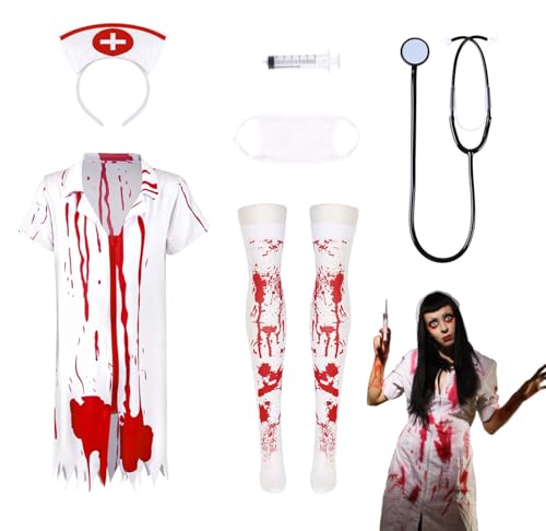 Bofeiya 6-teiliges blutiges Krankenschwester-Kostüm, Zombie-Krankenschwester-Kostüm für Damen, enthält blutiges Krankenschwester-Kleid mit Hut, blutig gebeizte Strümpfe, Set für Halloween, verrückte von Bofeiya