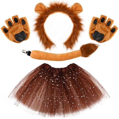 Löwen-Cosplay-Kostüm-Zubehör-Set inklusive braunem Löwen-Stirnband, Handschuhen, Schwanz, Tutu-Rock für Erwachsene, für Tiermotto-Partys, Verkleidungszubehör, 4 Stück von Bofeiya