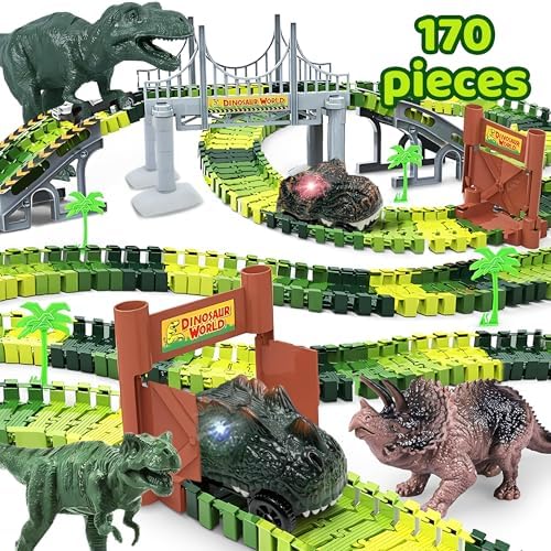 Boffe Dinosaurier-Rennbahn-Spielzeug-Set, Dino-Rennstrecke mit insgesamt 170 Teilen, flexible Strecken, Dino-Zug für Kinder im Alter von 3-7 Jahren, Jungen & Mädchen | Dinosaurier-Rennstrecke, von Boffe