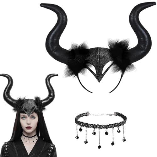 Bogoro 2pcs Halloween Böse Haarreif Schwarz,Teufelshörner Schwarz Cosplay,Horn Kopfbedeckung mit Gothic,Böse Kopfbedeckung,Kostüm Damen Königin Hörner für Halloween, Cosplay, Mädchen, Karneval von Bogoro