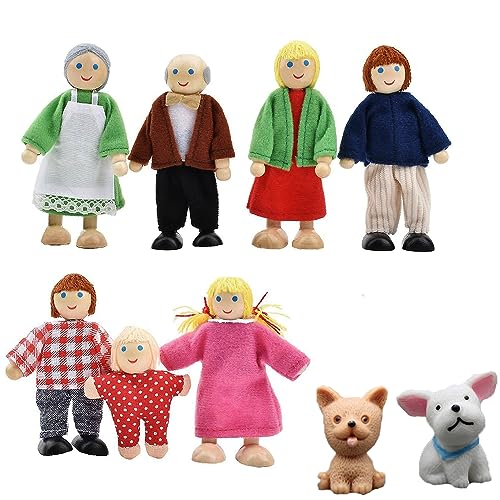 Bogoro HöLzerne Puppenhaus Mit 9 StüCk Puppen Puppenhaus Familie Mit Katze Und Hund Puppenstube Verstellbare Familienpuppen Figuren Familie Rollenspielfiguren Kinder Spiel Geschenk FüR MäDchen Jungen von Bogoro