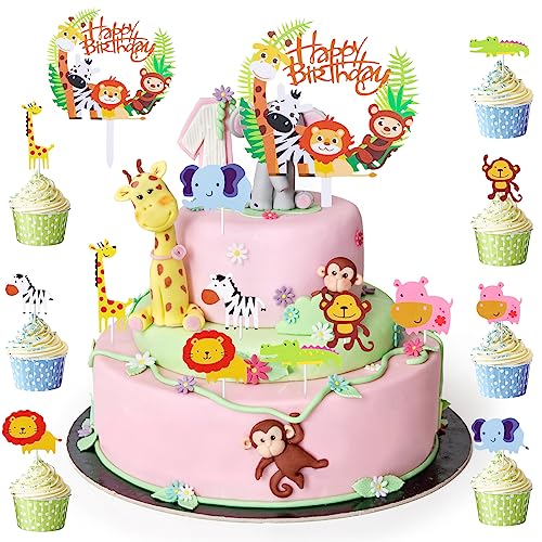 Bohrma Tiere Geburtstag Tortendeko,7 Stück Safari Zoo Dschungel Cake Topper für Kinder,1 Groß Happy Birthday Kuchendeko für Fondant Muffins Tischdeko Wald Safari Thema Geburtstag Deko von Bohrma