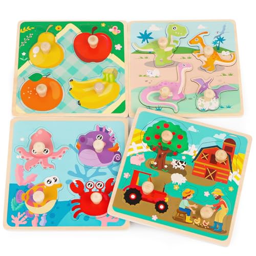 Holzpuzzle Holzspielzeug für Kinder, 4 STK Montessori Baby Puzzle mit Griff, Lernspielzeug Pädagogisches Spielzeug Cartoon Tiere Holzpuzzle Montessori Spielzeug Holzpuzzle für Kleinkinder, Ab 1 Jahr von Bohrma