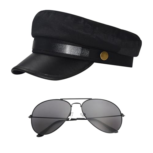 Bohue 2 Stück Chauffeur Kostüm Zubehör Unisex Erwachsene Chauffeur Cap Sonnenbrille Limo Taxi Fahrer Verkleidung für Weihnachten Halloween Disco Thema Party Zubehör von Bohue