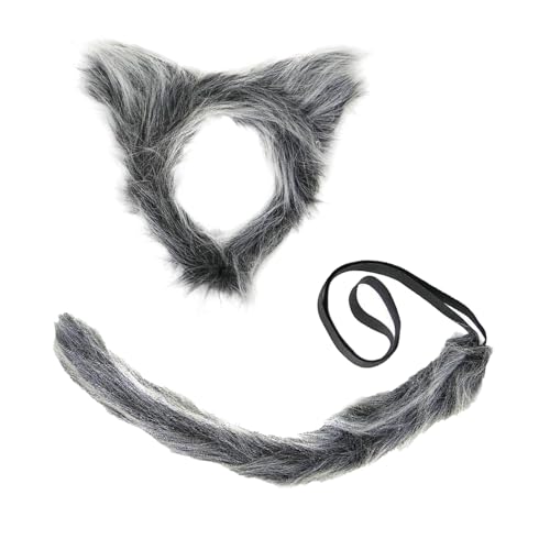 Bohue 2 Stück Wolf Cosplay Kostüm Set Wolf Ohren Stirnband und Schwanz Grau Wolf Stirnband Kunstfell Wolf Cosplay Kostüm für Halloween Party Dress Up Supplies von Bohue