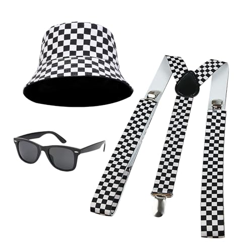 Bohue 3 Stück 80er Jahre Ska zweifarbiges Kostümzubehör karierte Hosenträger Eimer Hut schwarze Sonnenbrille Retro Ska Kit Fancy Party Zubehör für Unisex von Bohue