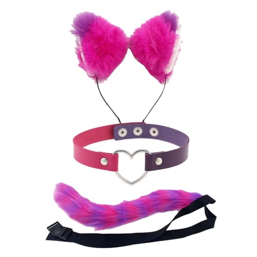 Bohue 3 Stück rosa und lila gestreiftes Katzenkostüm, Katzenohren, Stirnband, pelziger Schwanz und PU-Halsband, Halloween-Cosplay-Zubehör, Partyzubehör für Frauen von Bohue