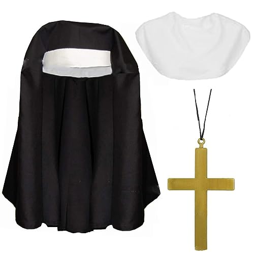 Bohue 3 Stücke Halloween Nonne Kostüm Zubehör Nonne Schal Weiß Nonne Kragen Gold Kreuz Anhänger Erwachsene Damen Cosplay Maskerade Kostüm Zubehör von Bohue