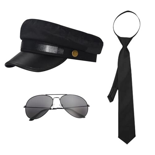 Bohue Chauffeur-Kostüm-Zubehör, schwarzer Hut, Sonnenbrille, Fliege, 1980er-Jahre, Limousine, Taxifahrer, Kostüm-Set für Cosplay, Kostümparty, 3-teilig von Bohue