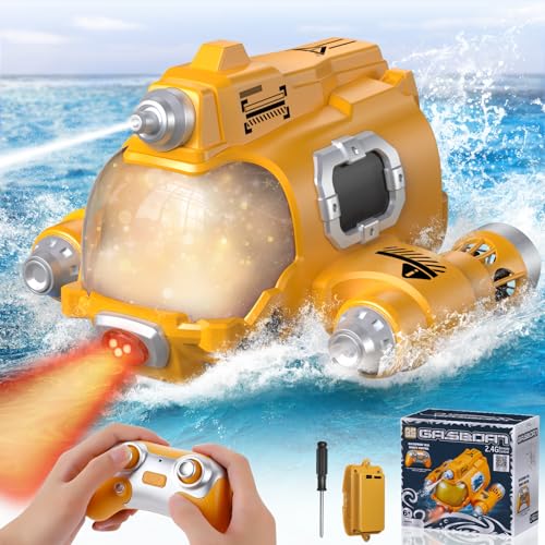 Bojinsey Ferngesteuertes Boot für Pools und Seen, 2.4GHz Schnelles RC Sprühgasboot mit Led Lichtern Kindermotorboot mit wiederaufladbarer Batterie Wasserspielzeug Schwimmbadspielzeug(Gelb) von Bojinsey