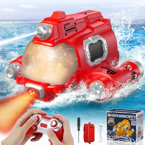 Bojinsey Ferngesteuertes Boot für Pools und Seen, 2.4GHz Schnelles RC Sprühgasboot mit Led Lichtern Kindermotorboot mit wiederaufladbarer Batterie Wasserspielzeug Schwimmbadspielzeug(Rot) von Bojinsey