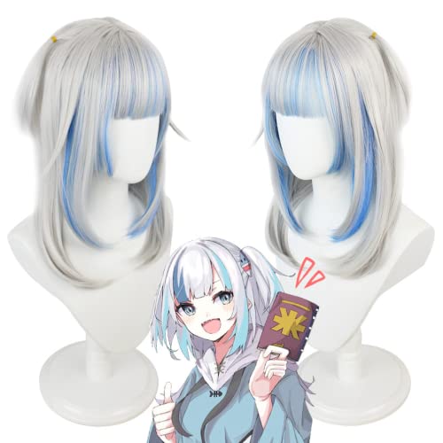 Anime Cosplay Perücke, Gawr Gura Perücke, Shark Girl Silber Mixed Blue Medium Cute Pferdeschwänze Curly Mit Perückenkappe, für Halloween, Party, Karneval, Nachtleben, Konzerte, Hochzeiten von Bokerom