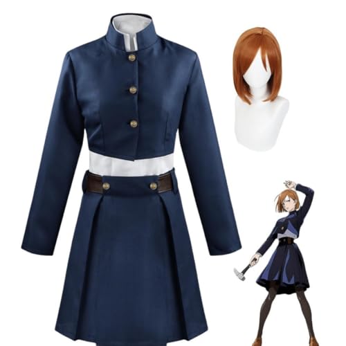 Anime Jujutsu Kaisen Kugisaki Nobara Cosplay Kostüm Uniform Outfit Rock Halloween Party Anzug Mit Perücke (Blue,XL) von Bokerom