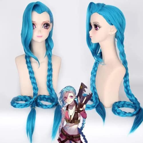 Anime Spiel Cosplay Perücke, Jinx Perücke, Hellblaue Lange Zopfperücke mit kostenloser Perückenkappe, für Halloween, Party, Karneval, Nachtleben, Konzerte, Hochzeiten von Bokerom