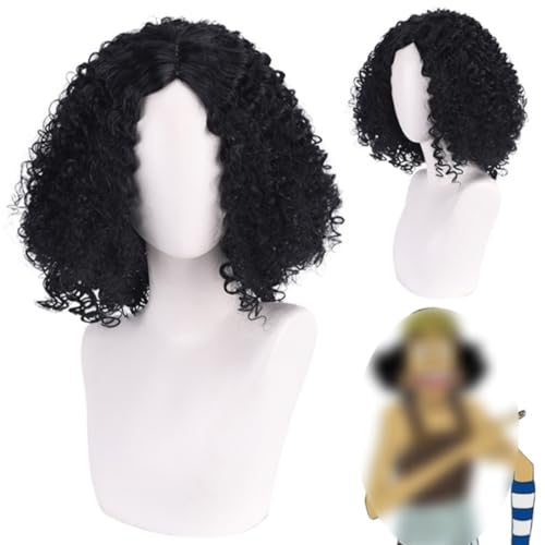 Anime Usopp Cosplay Perücke, Schwarze Crimp Flauschige Kurze Haare Rollenspiel Halloween Party Perücken Für Perücke Cap von Bokerom