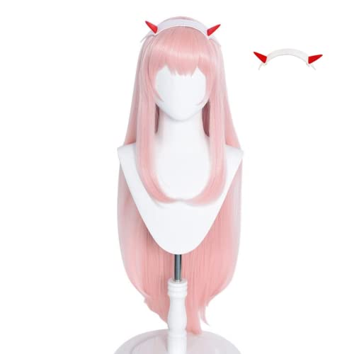 Anime Zero Two Cosplay Perücke, Code 002 Frauen Rosa Lange Gerade Perücke, Halloween Kostüm Party Rollenspiel Perücke Für Headwear von Bokerom