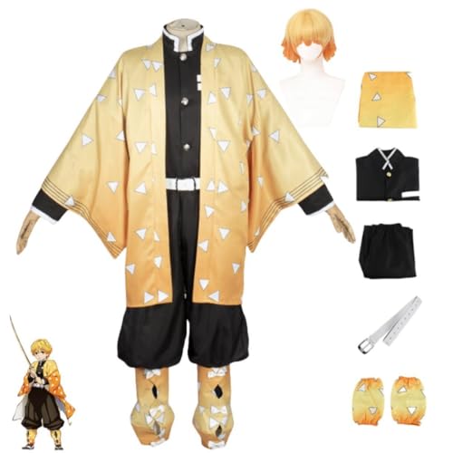 Bokerom Anime Demon Slayer Agatsuma Zenitsu Cosplay Kostüm Halloween Outfit Party Kimono Uniform +Perücke (Full Set,140) von Bokerom