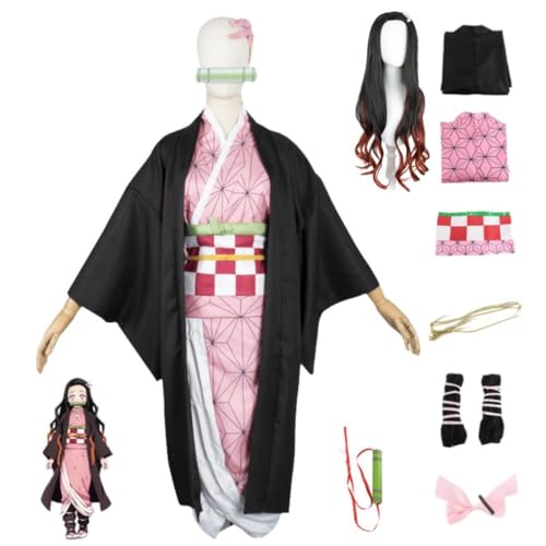 Bokerom Anime Demon Slayer Kamado Nezuko Cosplay Kostüm Halloween Outfit Party Kimono Uniform +Perücke (Full Set,L) von Bokerom