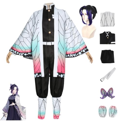 Bokerom Anime Demon Slayer Kochou Shinobu Cosplay Kostüm Halloween Outfit Party Kimono Uniform +Perücke (Full Set,L) von Bokerom