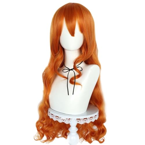 Bokerom Anime Nami Cosplay Perücke, Orange Langes Lockiges Haar Hitzebeständige Synthetische Perücke Halloween Party Zubehör von Bokerom