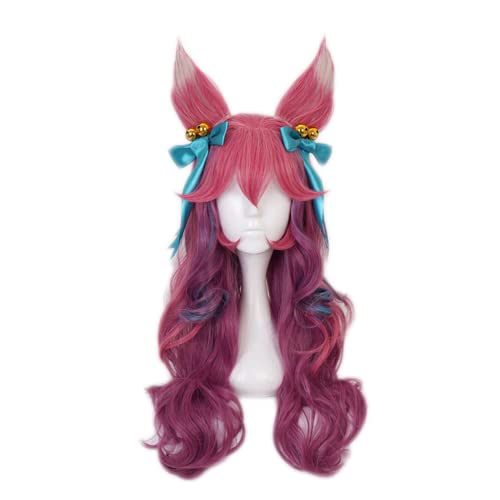 Bokerom Anime Spiel Cosplay Perücke, KDA Ahri Perücke, Lange Gradient Pink Perücke mit Katzenohren Kopfbedeckung mit kostenloser Perückenkappe, für Halloween, Party, Karneval von Bokerom