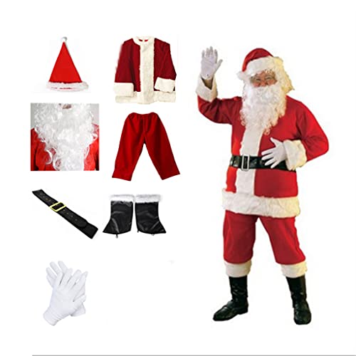 Weihnachtsmannkostüm für Herren, 7-teiliges Weihnachtsmannkostüm-Set, Weihnachtsmannkostüm für Erwachsene, Weihnachtsmann-Outfit, Weihnachtsmannanzug aus Samt mit Bart, Mütze, Gürtel, Stiefeln (L) von Bolam