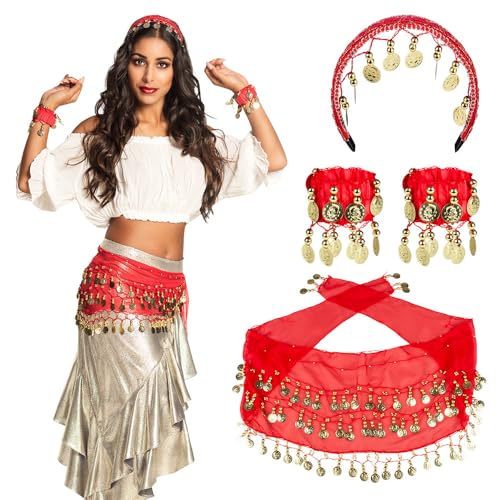 Boland 00458 - Gypsy Set Rot, Haarreif, Armband, Hüft-Tuch, Bauchtanz, Gold, Münzen, Perlen, Hüftschwung, Tanz, Karneval, Halloween, Fasching, Mottoparty, Verkleidung, Theater, Accessoire von Boland