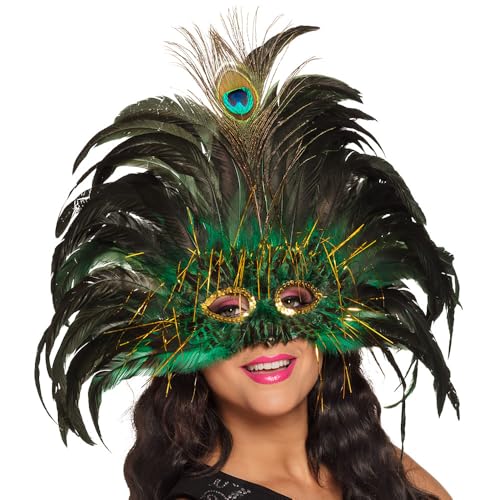 Boland 00265 - Augenmaske Peacock Queen, Pfauen-Königin, Gesichtsmaske mit Pailletten, Federn und Lametta, Kostüm, Karneval, Mottoparty, Maskenball, Grün/Schwarz von Boland