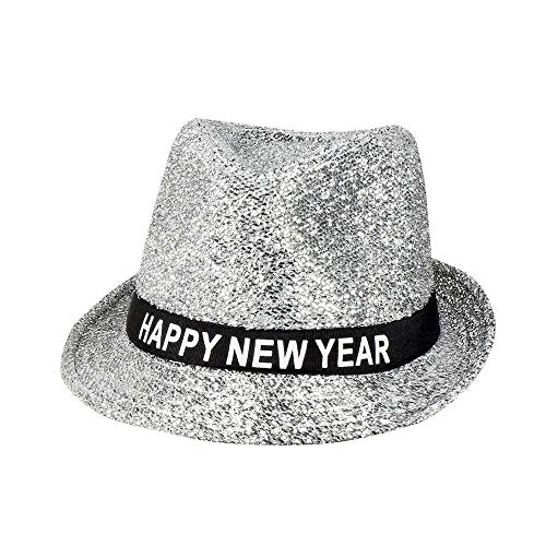 Boland 13450 - Hut Sparkling Happy New Year, Silber mit Glitzer, funkelnder Fedora für Silvester, Hutband mit Schrift, Accessoire, Geschenk von Boland