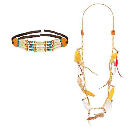 Boland 44152 - Kostüm-Set Indianerin, Choker und Halskette mit Federn und Perlen, Squaw, Häuptling, Mode-Schmuck, Karneval, Mottoparty von Boland