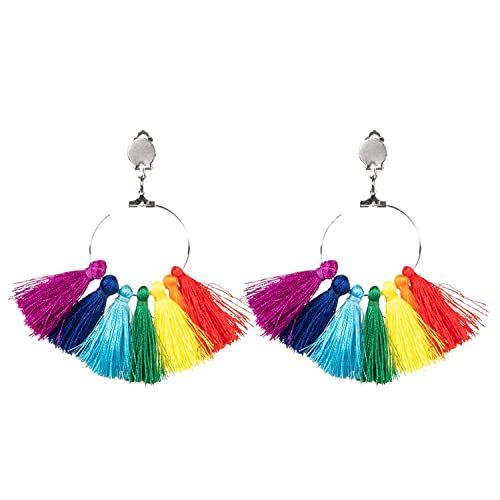 Boland 44742 - Regenbogen-Ohrringe mit Quasten, Ohr-Clips, Mode-Schmuck, Accessoire, Kostüm, Karneval, Mottoparty von Boland