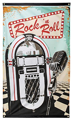 Boland 44851 - Dekorationsfahne Rock 'n Roll, 1 Stück, Größe 90 x 150 cm, Musikbox, Mikrofon, 50er Jahre, 60er Jahre, Dekoration, Banner, Wanddekoration, Mottoparty, Karneval, Geburtstag, Disco von Boland