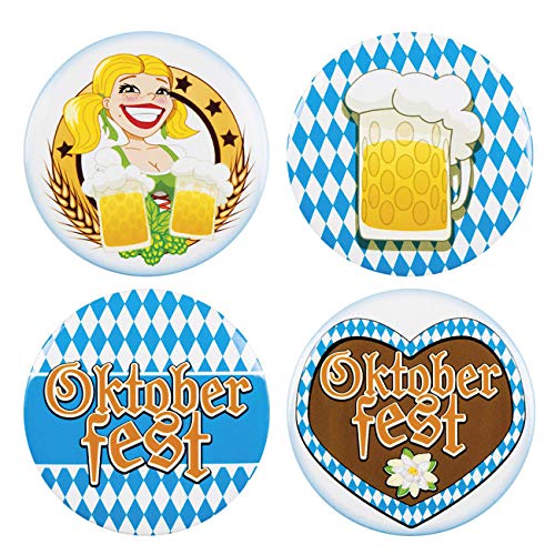 Boland 54263 - Buttons Oktoberfest, 4er-Set, Blau/Weiß, Metall/Kunststoff, Rauten-Look, Mottoparty, Themenparty von Boland