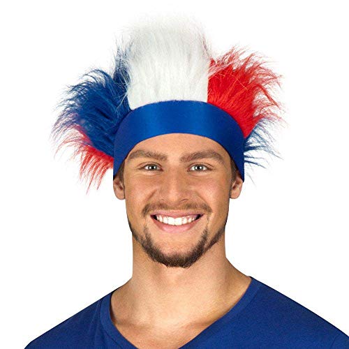 Boland 61995- Stirnband Frankreich mit Haaren, Einheitsgröße, Weiß, Blau und Rot, dehnbares Kopfband, Fußball, Fan, Kostüm, Verkleidung, Accessoire, Karneval, Mottoparty von Boland