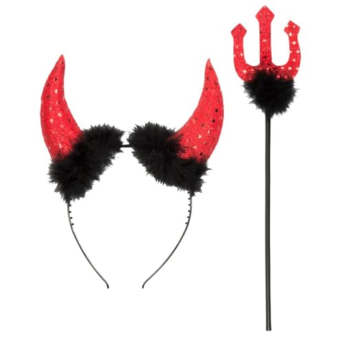 Boland 74433 - Kostümset Teufel, Set aus Haarreif mit Hörnern und Dreizack (30 cm), Schwarz-Rot mit Pailletten, Accessoires, Kostüm, Karneval, Mottoparty, Halloween von Boland