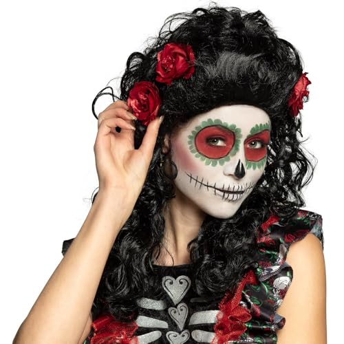 Boland 85606 - Perücke Catrina, langes Kunsthaar mit Blüten, Langhaar-Frisur, Dia de los Muertos, Kopfbedeckung, Kostüm, Karneval, Mottoparty, Halloween von Boland