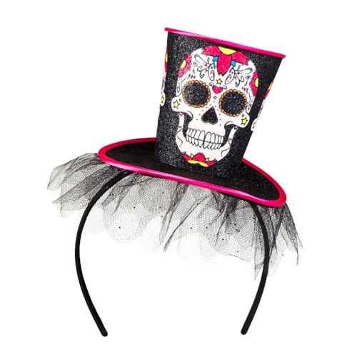 Boland 97037 - Haarreif La Flaca, Tiara mit Minihut, Tüll und Totenkopf, Dia de los Muertos, Kopfbedeckung, Kostüm, Karneval, Mottoparty, Halloween von Boland