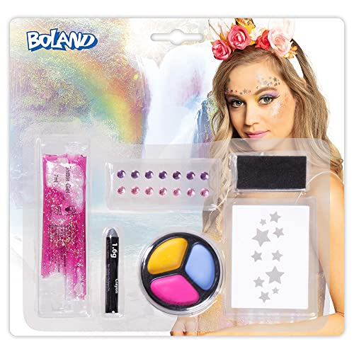 Boland 45066 - Schminkset Einhorn, 1 Schablone, 14 Glitzersteine, 1 Schminkstift, 3 Farben, 1 Glitzergel und 1 Schwamm, Make-Up Kit, Schminke, Kostüm, Karneval, Mottoparty, Kinderschminken, Geburtstag von Boland