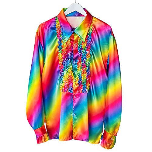 Boland - Camicia da discoteca con volant, colori arcobaleno, uomo, costume, camicia da festa, mossa Schlager, anni '70, tema festa, carnevale von Boland