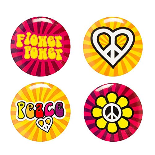 Boland 44508 - Buttons Hippie mit Anstecknadel, 4 Stück, Durchmesser 3 cm, Anstecker, Peace, Flower Power, Mitgebsel, Accessoire, Mottoparty, Karneval von Boland