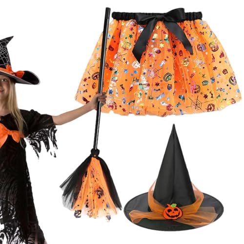 Bollisate Halloween-Tutu-Kostüm, Halloween-Hexenmädchen-Rock, verkleidet Hexenkostüm, Hexenmädchen-Rock mit Hexenhut und Besen für 2-8 Jahre alte Halloween-Cosplay-Party-Dekoration von Bollisate